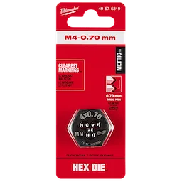 M4-0.70 mm 20mm 1-Inch Hex Threading Die in black with clear markings, packaged in a red and black card with product details.