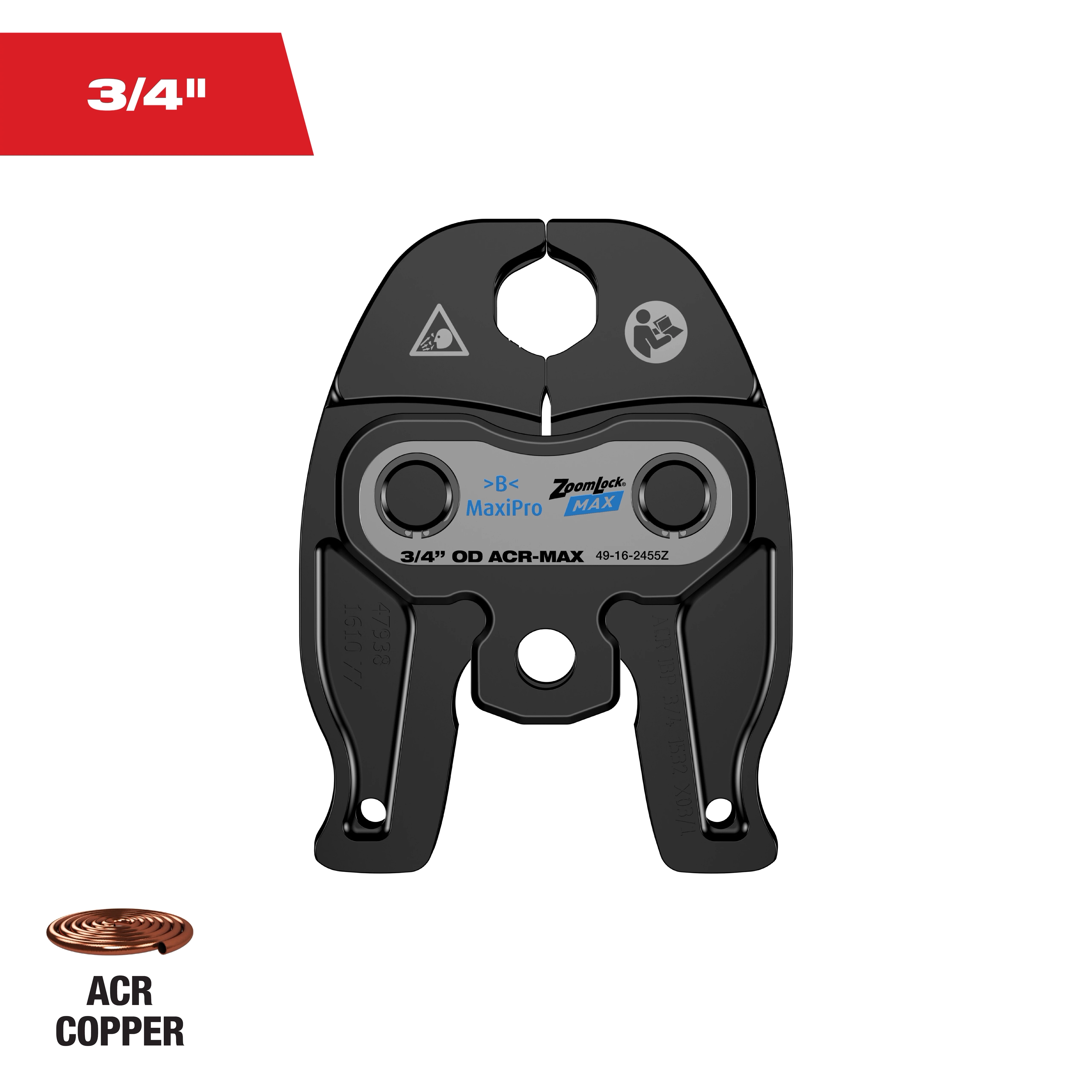 This image shows a crimping jaw tool by ZoomLock MAX for 3/4" OD ACR copper connections. The tool is black with openings for crimping and has the MaxPro label on it. It is designed for joining ACR copper tubes securely.
