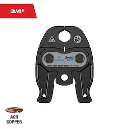 This image shows a crimping jaw tool by ZoomLock MAX for 3/4" OD ACR copper connections. The tool is black with openings for crimping and has the MaxPro label on it. It is designed for joining ACR copper tubes securely.