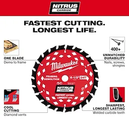 6-1/2” 24T NITRUS Carbide Framing & Demolition Circular Saw Blade centered with surrounding feature callouts.