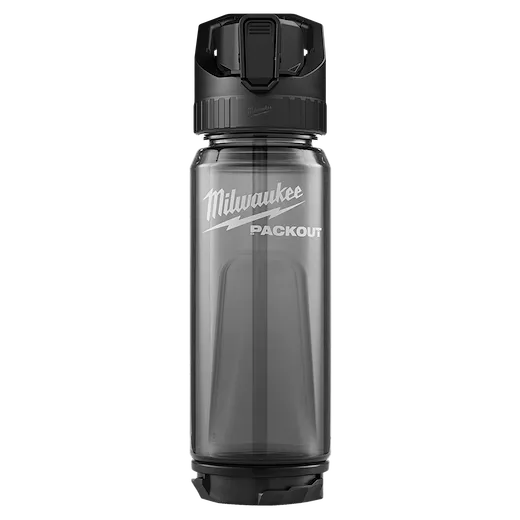 PACKOUT 25oz Bottle with Straw Lid standing upright with a dark lid and transparent body on a plain background.