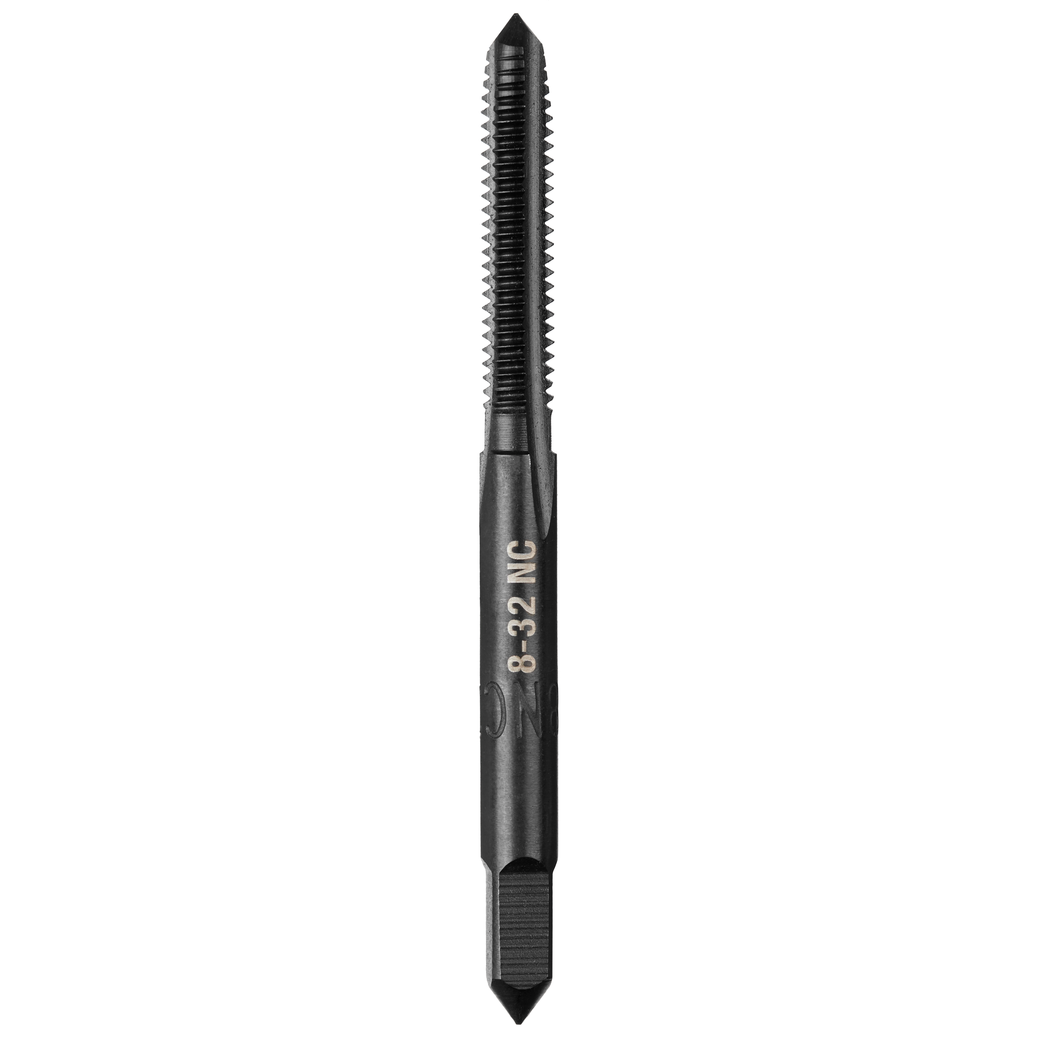 8-32 NC Straight Flute Plug Tap is a black metal tool with threading along the shaft, designed for cutting threads in metal.