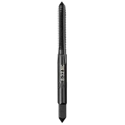 8-32 NC Straight Flute Plug Tap is a black metal tool with threading along the shaft, designed for cutting threads in metal.