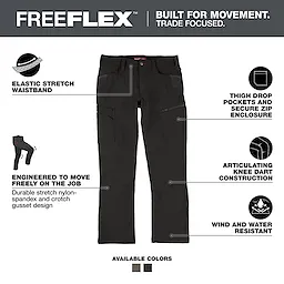 Image showing FREEFLEX™ Tech Pants in black. Features include an elastic stretch waistband, thigh drop pockets with secure zip enclosure, articulating knee dart construction, and wind and water resistance. Engineered for job movement with durable stretch nylon-spandex and crotch gusset design. Available colors are black and gray.