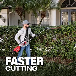 A person trims a hedge with a red electric trimmer in front of a house with palm trees. The words "FASTER CUTTING" are displayed in the bottom left corner.