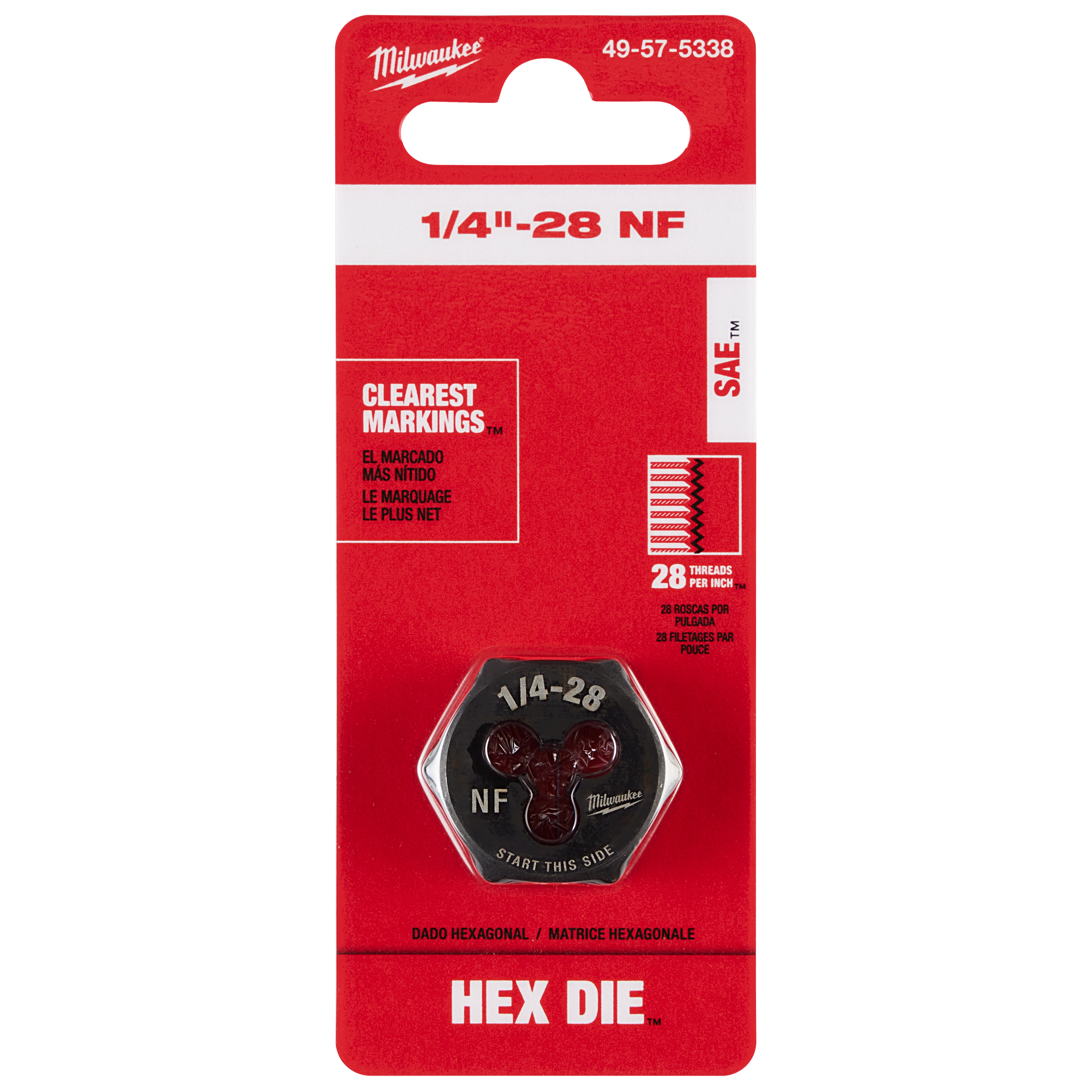 1/4"-28 NF 1-Inch Hex Threading Die with clearly marked 28 threads per inch in red and white packaging.