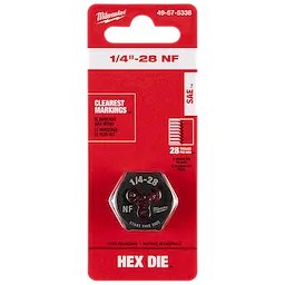 1/4"-28 NF 1-Inch Hex Threading Die with clearly marked 28 threads per inch in red and white packaging.