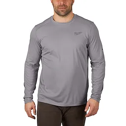 A gray long-sleeved WORKSKIN Lightweight Performance Shirt with crew neck, worn by a person standing, is displayed against a white background.