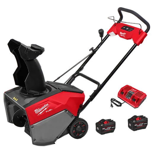 The image shows an M18 FUEL™ 21" Auger Propelled Dual Battery Single Stage Snow Blower in red and gray with a black chute. It includes two batteries and a charger, displayed beside the snow blower.