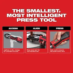 M12 FORCE LOGIC Press Tool; lightest, in-line design for access, easy open jaw for one-handed use, auto-cycle for full press every time.