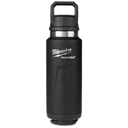 Milwaukee PACKOUT 36oz Insulated Bottle with Chug Lid, black and cylindrical with a handle on the lid for easy carrying.