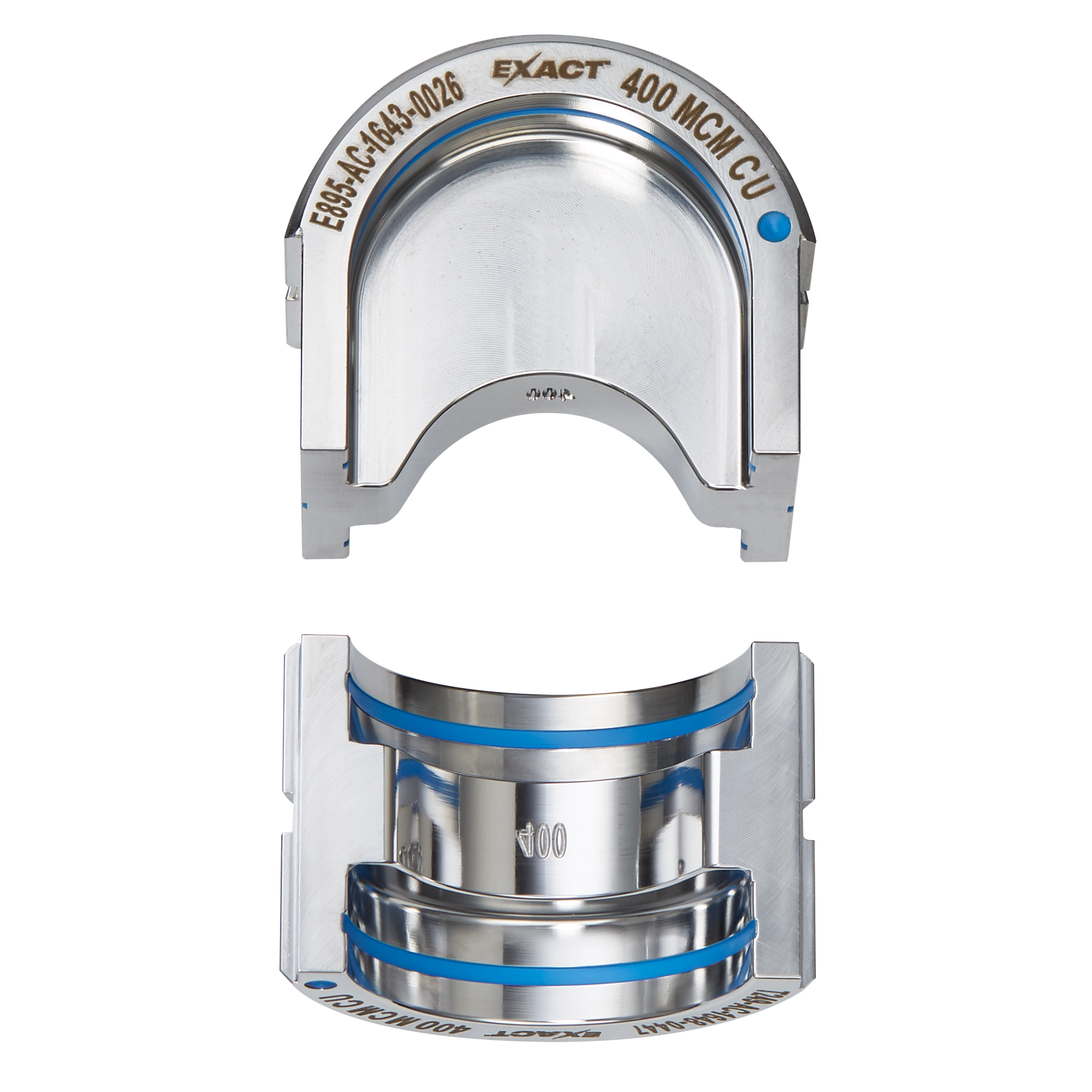 The FORCELOGIC™ M18™ 750 MCM Crimper Kit features precision-engineered crimping dies for secure and efficient crimping of electrical connectors. The image showcases two metallic crimping dies labeled with "EXACT" and "400 MCM CU," designed for high-quality performance and durability.