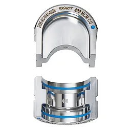 The FORCELOGIC™ M18™ 750 MCM Crimper Kit features precision-engineered crimping dies for secure and efficient crimping of electrical connectors. The image showcases two metallic crimping dies labeled with "EXACT" and "400 MCM CU," designed for high-quality performance and durability.