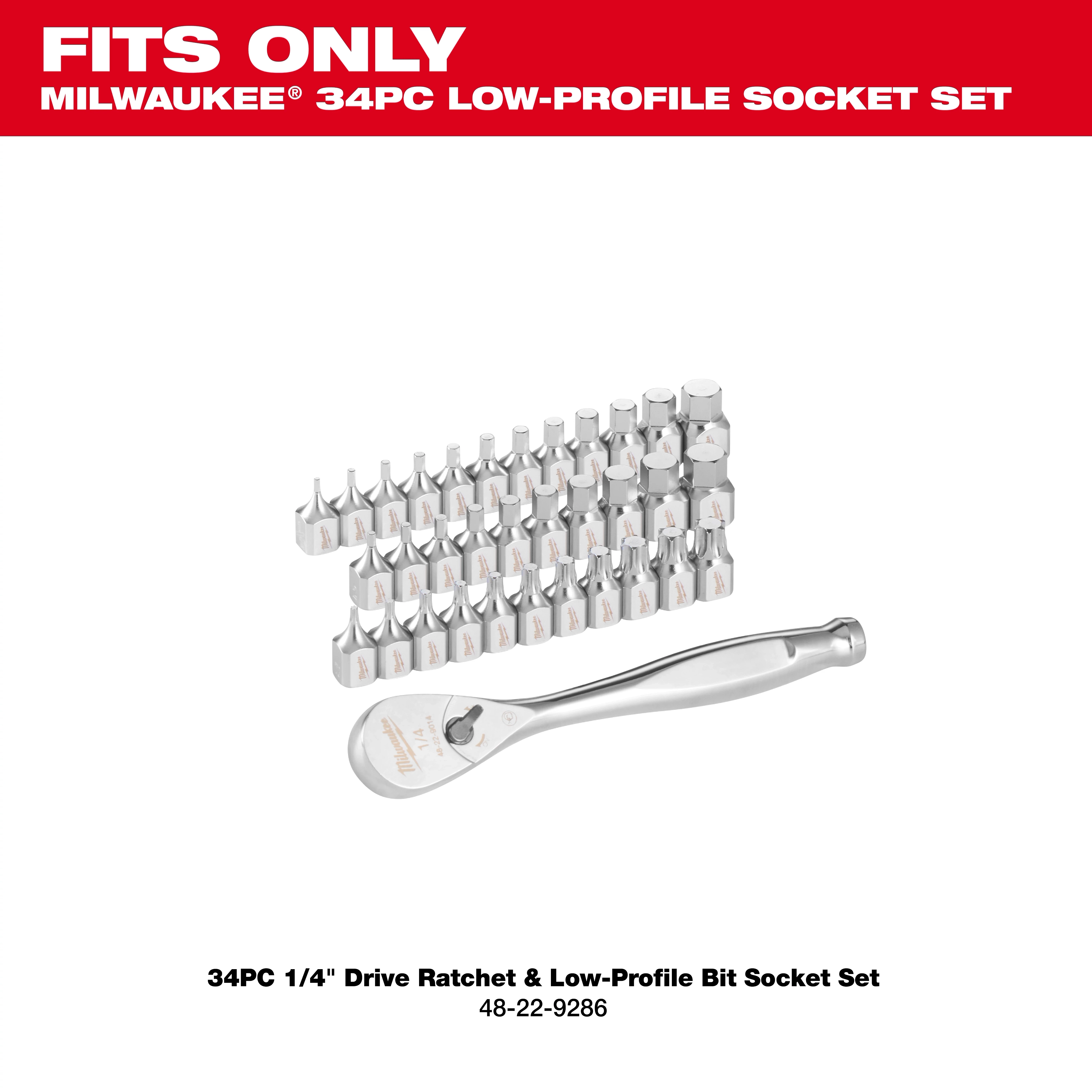 34pc 1/4” Drive Ratchet & Low-Profile Bit Socket Set with ratchet and multiple bit sockets arranged in rows.