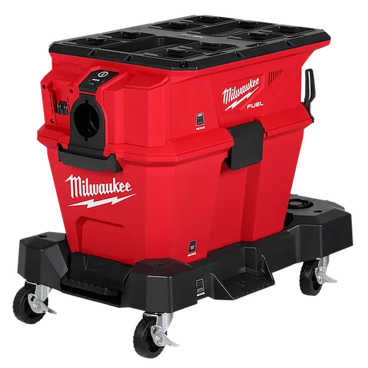The image shows a Milwaukee Fuel red tool chest on black caster wheels. It has multiple compartments and a handle on the side. The word "Milwaukee" is prominently displayed on the front, with the brand's lightning bolt logo beneath it. It appears durable and mobile for easy transportation.
