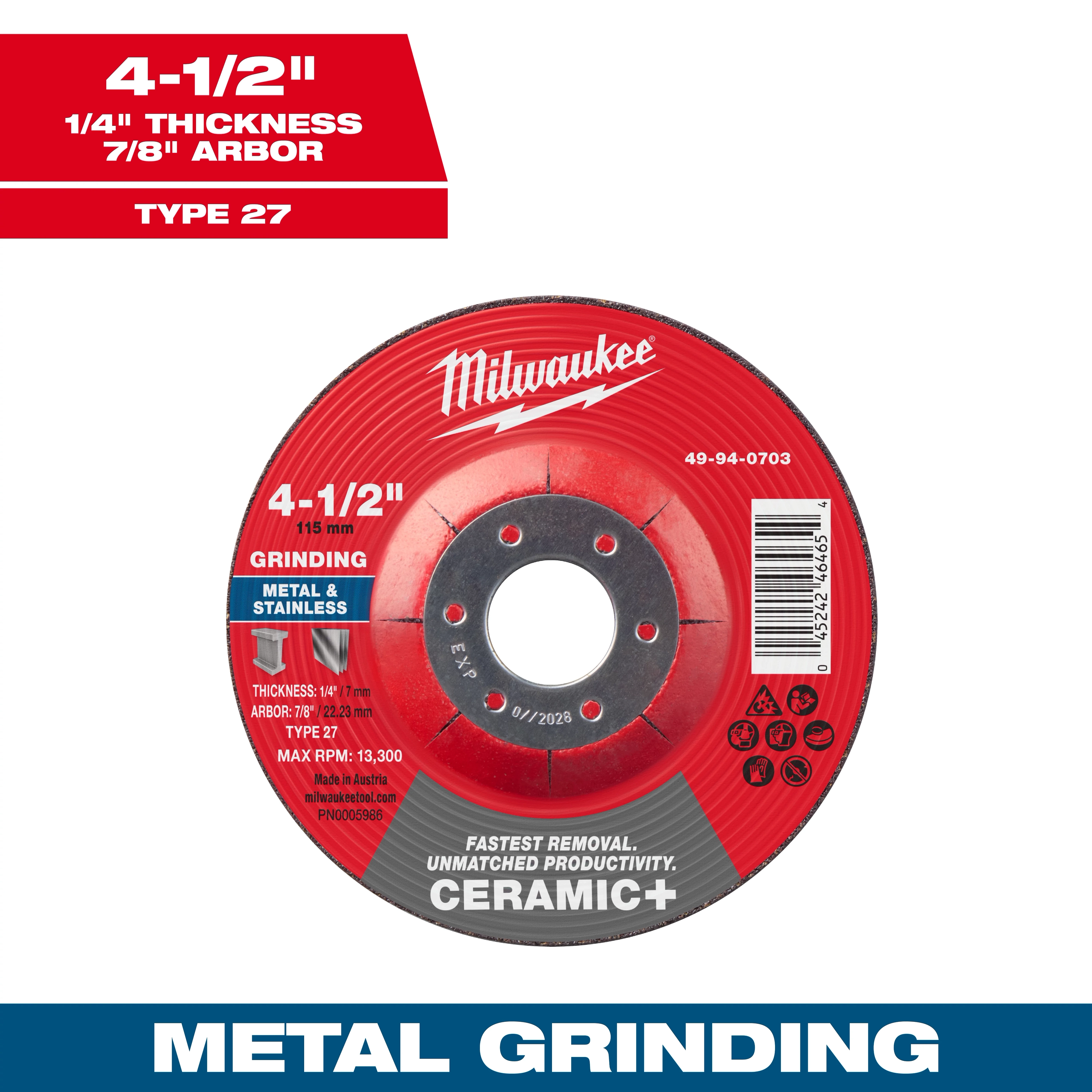 4-1/2" x 1/4" x 7/8" Ceramic+ Metal Grinding Wheel - Type 27, red and grey, for metal and stainless, max RPM 13,300.