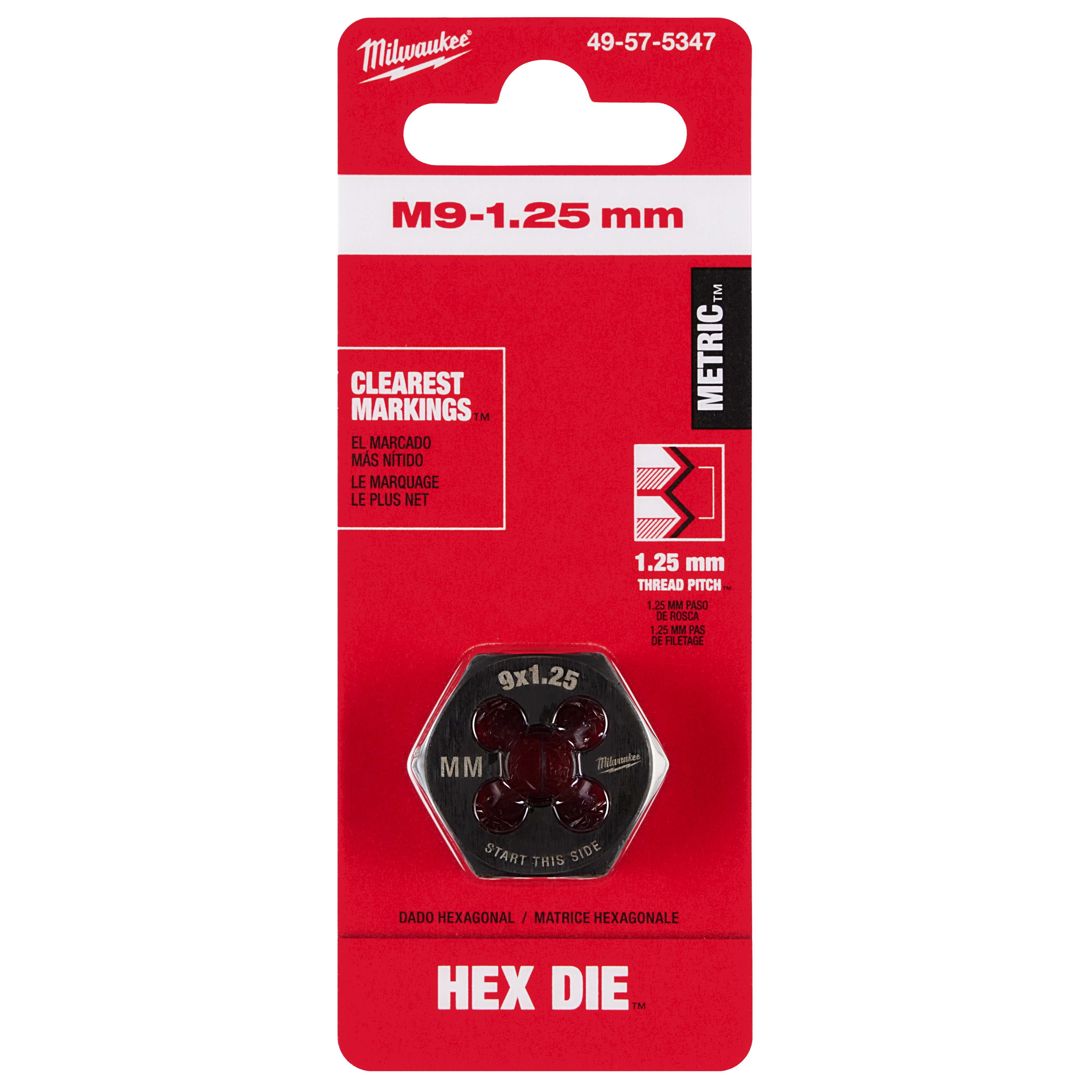 M9-1.25 mm 1-Inch Hex Threading Die in red packaging with clear markings and metric. Suitable for threading tasks.