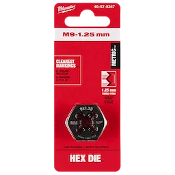 M9-1.25 mm 1-Inch Hex Threading Die in red packaging with clear markings and metric. Suitable for threading tasks.