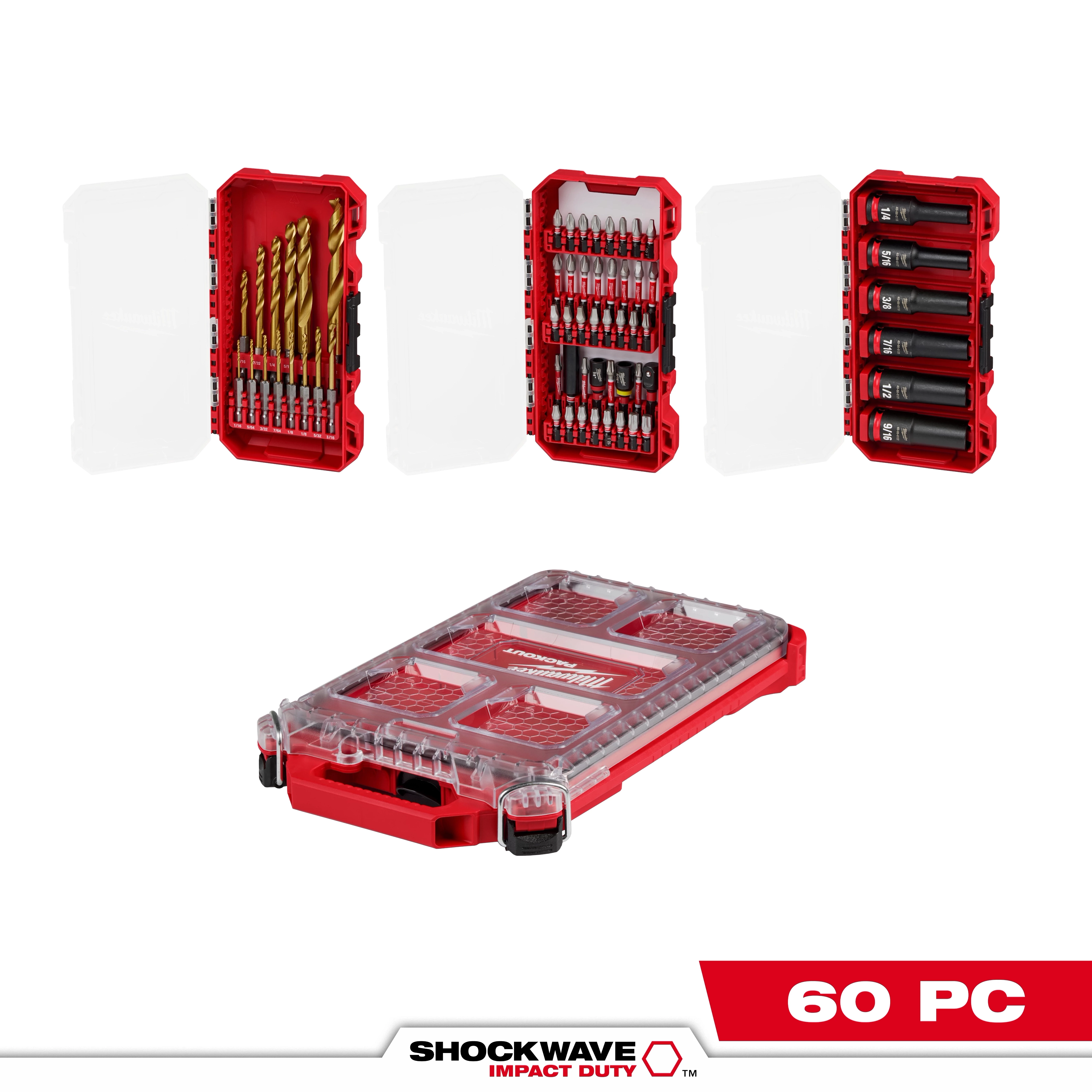 The image shows the SHOCKWAVE™ Impact Duty 60PC Drill, Drive & Fasten with PACKOUT™ set. It includes various drill bits, drivers, and fasteners, all housed in a red and clear durable case.