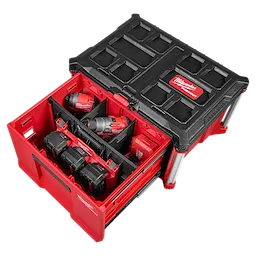 PACKOUT Single Drawer Tool Box open, showing organized power tools and batteries in divided compartments.