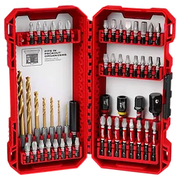 The image shows a red and black SHOCKWAVE™ Impact Duty Drill & Drive Set – 50PC. The open case contains various drill bits and driving bits organized in rows. The set includes gold drill bits, sockets, and screw heads arranged neatly inside.