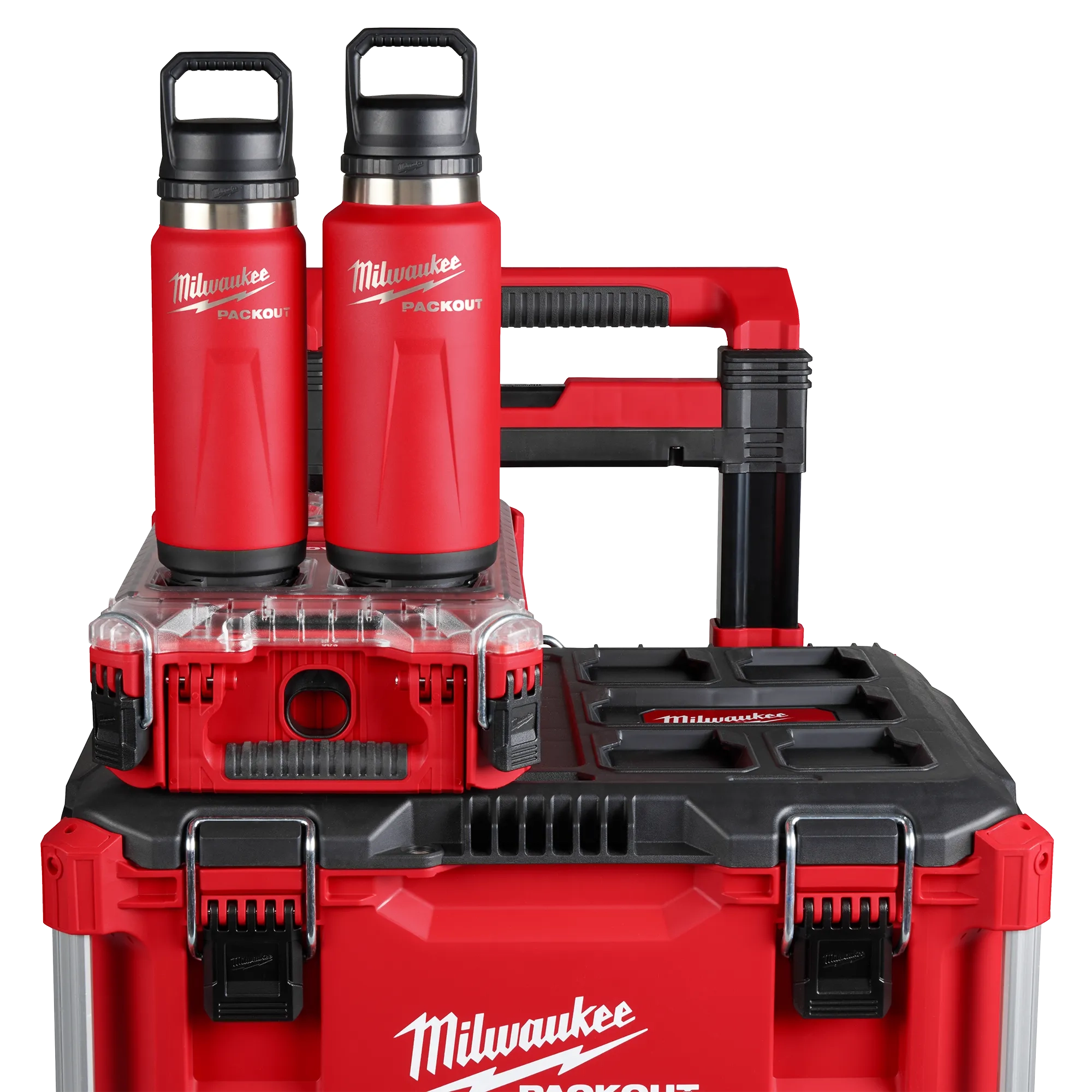 Image of the Milwaukee PACKOUT Insulated Bottles in red sitting on top of the PACKOUT Modular Storage System