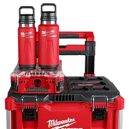 Image of the Milwaukee PACKOUT Insulated Bottles in red sitting on top of the PACKOUT Modular Storage System