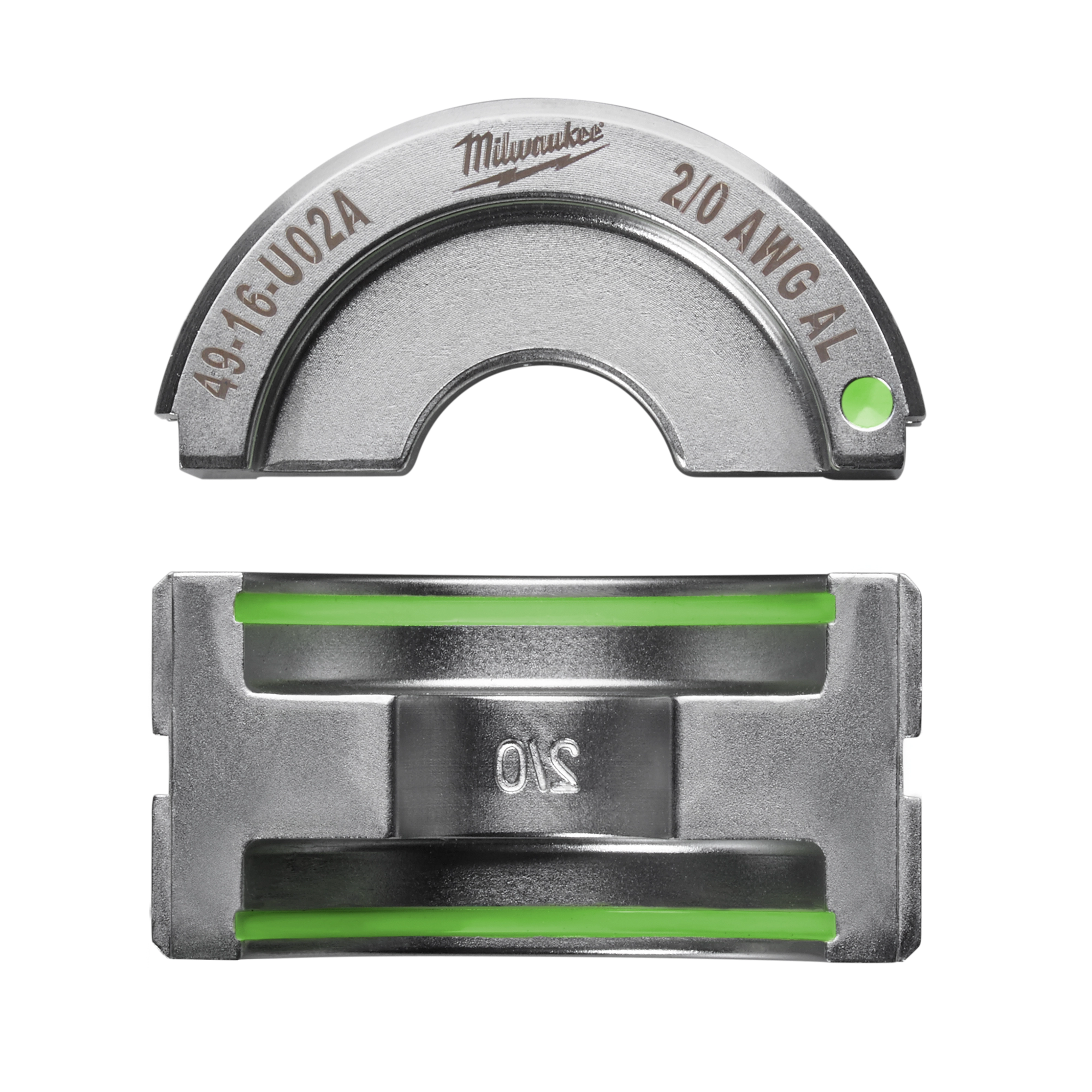 The image displays two views of the 2/0 Aluminum U Style Die, one showing the top with labeling and the other showing the bottom with green accents.