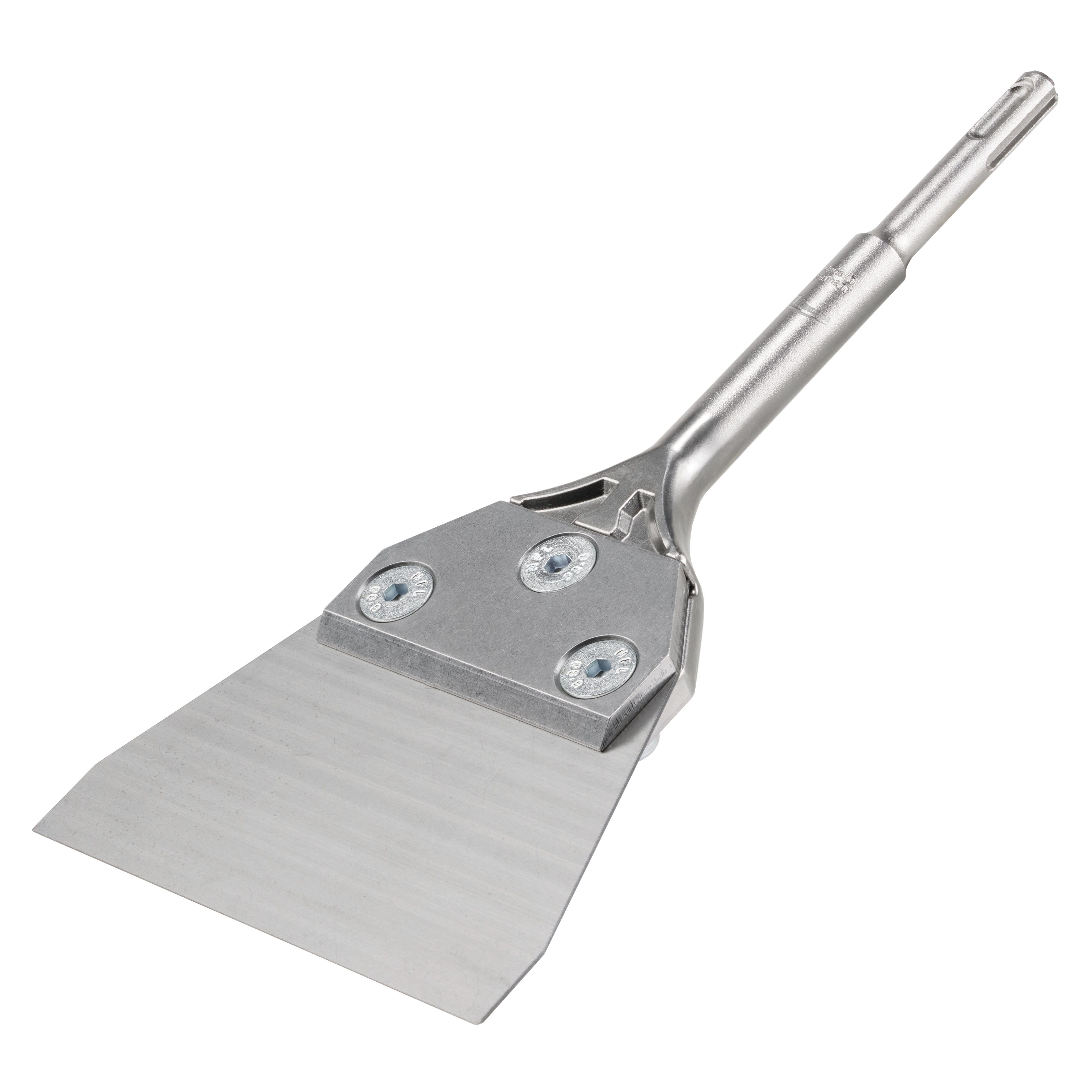 The SDS PLUS SLEDGE Floor Scraper features a wide, flat metal blade with three visible screws and a sturdy, long handle.