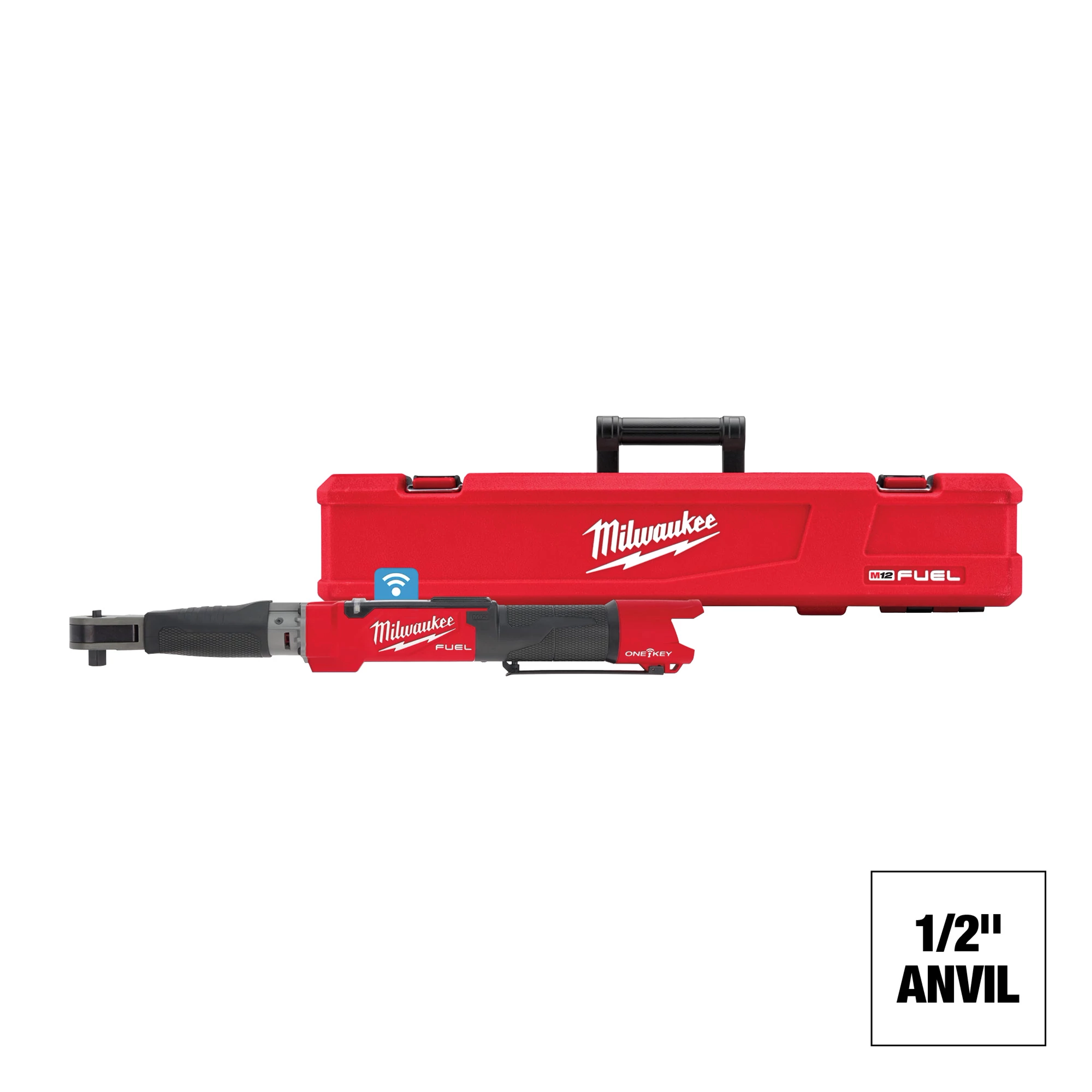 Milwaukee M12 FUEL 1/2" Digital Torque Wrench with ONE-KEY in front of a red carrying case and a 1/2" anvil sign.