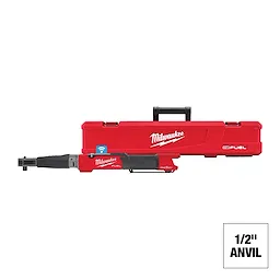 Milwaukee M12 FUEL 1/2" Digital Torque Wrench with ONE-KEY in front of a red carrying case and a 1/2" anvil sign.