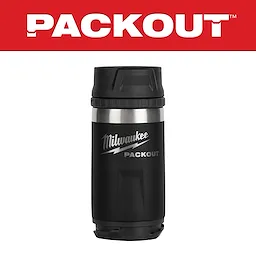 PACKOUT 12oz Insulated Bottle with Sip Lid in black and stainless steel, featuring logo on the front, under a red PACKOUT banner.