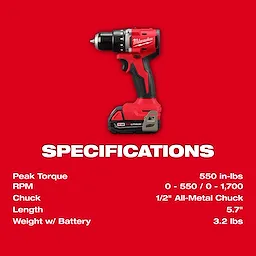 Red M18 Compact Brushless 1/2" Drill/Driver Kit against a red background. Specifications listed include 550 in-lbs torque and 3.2 lbs weight with battery.