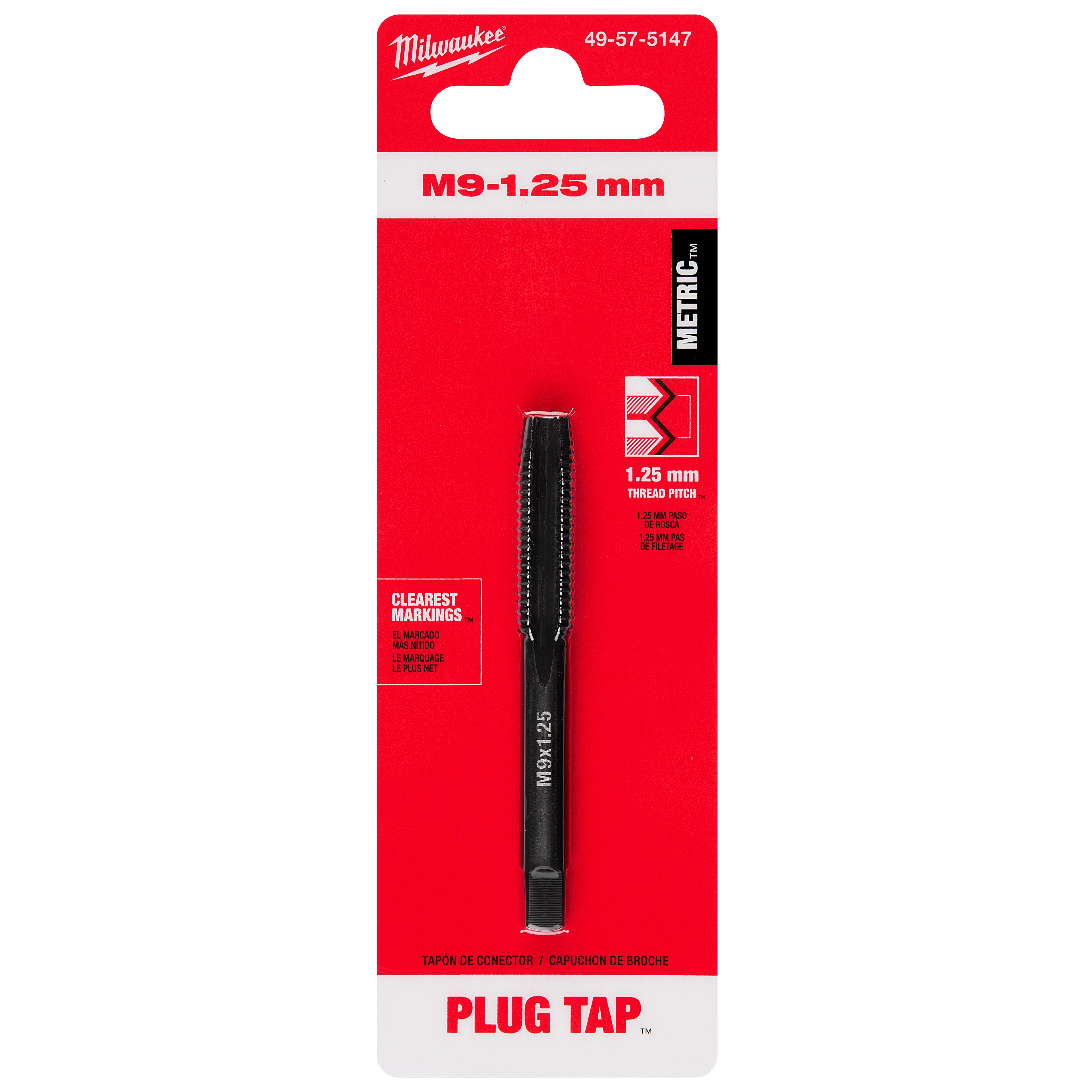 The M9-1.25 mm Straight Flute Plug Tap is displayed on a red and white card, indicating it as a metric tool with a 1.25 mm thread pitch.
