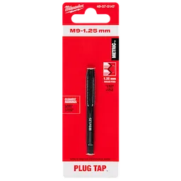 The M9-1.25 mm Straight Flute Plug Tap is displayed on a red and white card, indicating it as a metric tool with a 1.25 mm thread pitch.