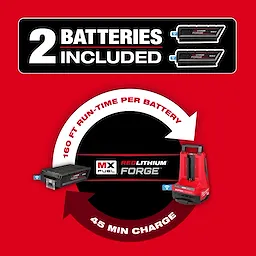 MX FUEL 6" Green Concrete Saw with two included batteries, providing 160 ft run-time per battery and 45-minute charge time.