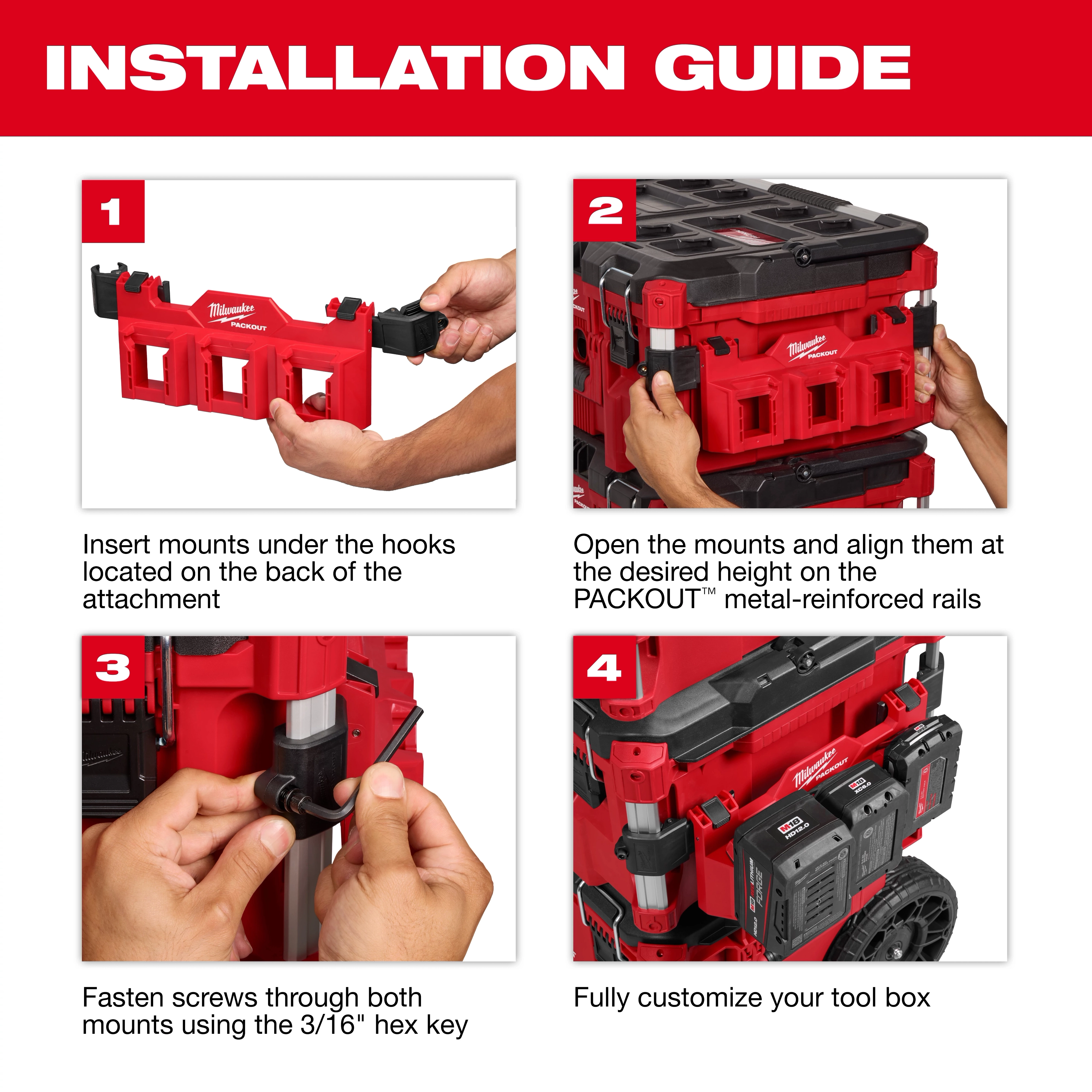 The image is an installation guide for mounting a piece of red Milwaukee equipment. It has four steps, each accompanied by an illustration. Steps include inserting mounts, aligning the mounts, fastening screws with a hex key, and customizing the toolbox.