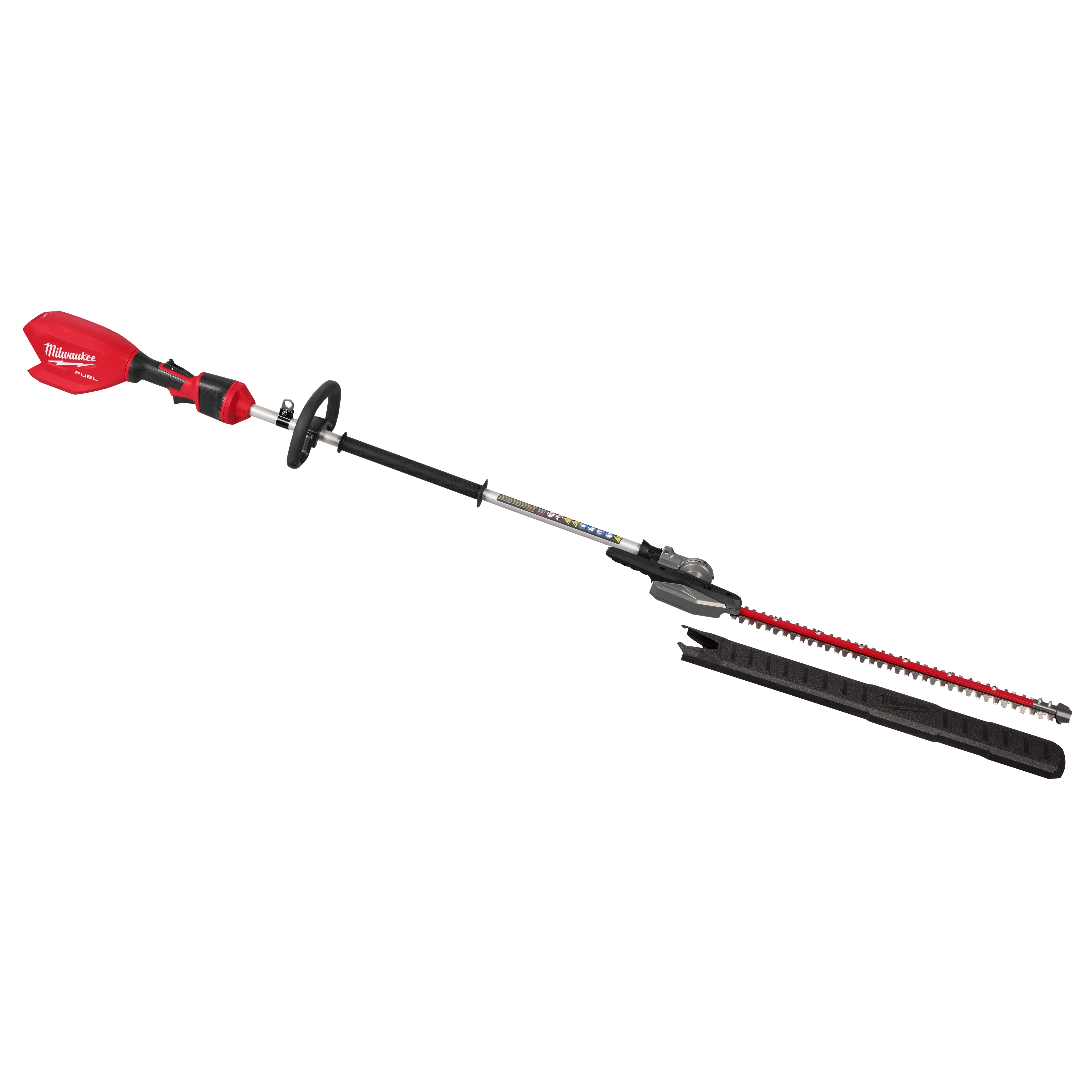 The image shows an M18 FUEL™ Pole Articulating Hedge Trimmer. It features a red motor housing, a black pole, an adjustable cutting blade, and a handle for operation. The tool is designed for trimming high and hard-to-reach hedge areas.