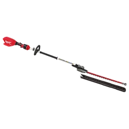 The image shows an M18 FUEL™ Pole Articulating Hedge Trimmer. It features a red motor housing, a black pole, an adjustable cutting blade, and a handle for operation. The tool is designed for trimming high and hard-to-reach hedge areas.