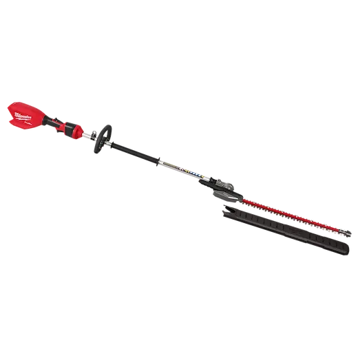 The image shows an M18 FUEL™ Pole Articulating Hedge Trimmer. It features a red motor housing, a black pole, an adjustable cutting blade, and a handle for operation. The tool is designed for trimming high and hard-to-reach hedge areas.