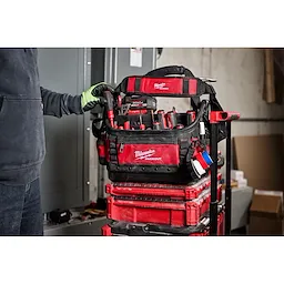 Image of the Milwaukee PACKOUT 15" Structured Tote on top of the PACKOUT Rolling Toolbox