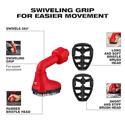 Image of the AIR-TIP™ Swiveling Palm Brush in red, featuring a 360° swiveling grip. The brush is shown with three interchangeable heads: a rubber bristle head, a long and soft bristle brush head, and a short and stiff bristle brush head, designed for easier movement and versatility in cleaning.