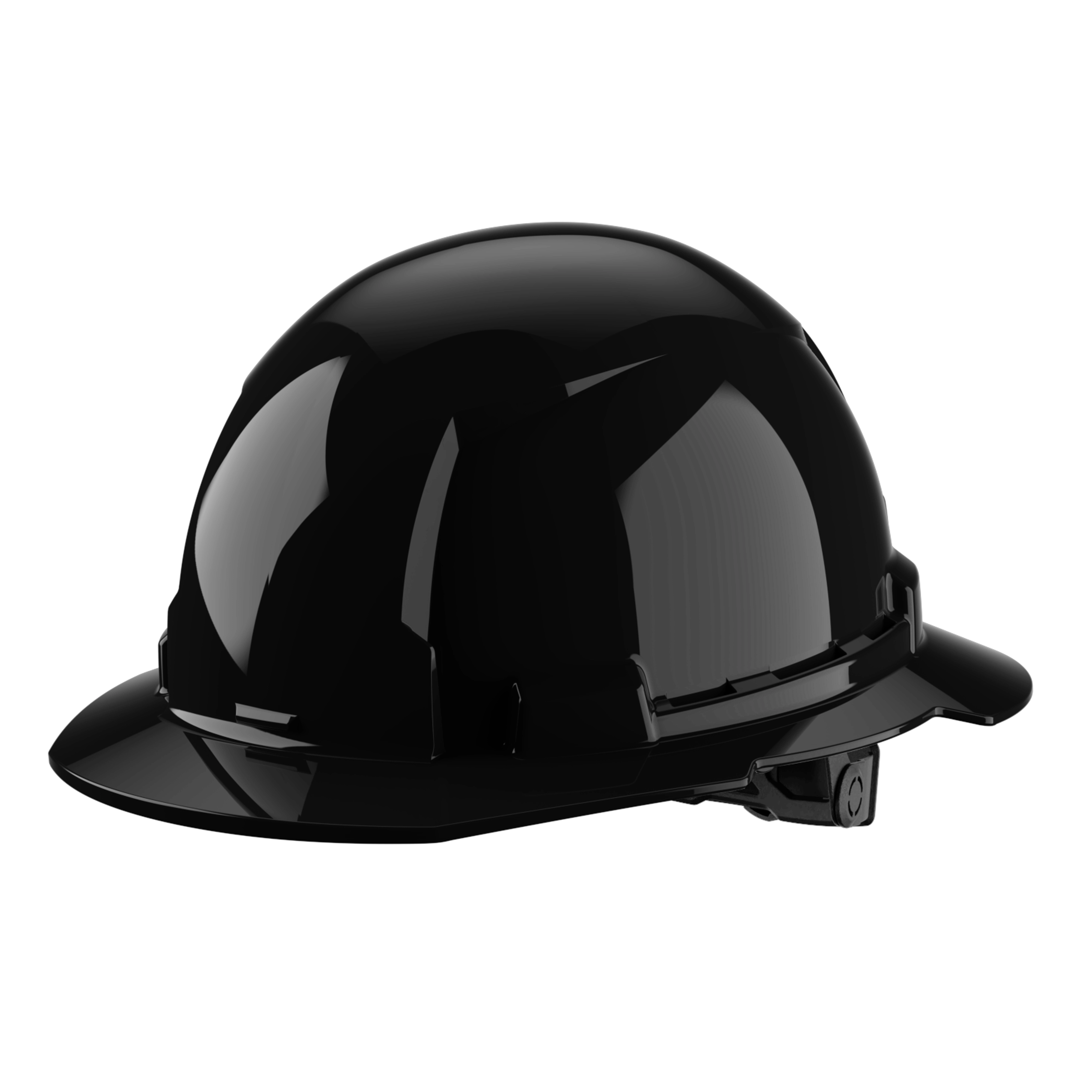 A shiny black hard hat with a front brim and adjustable strap.