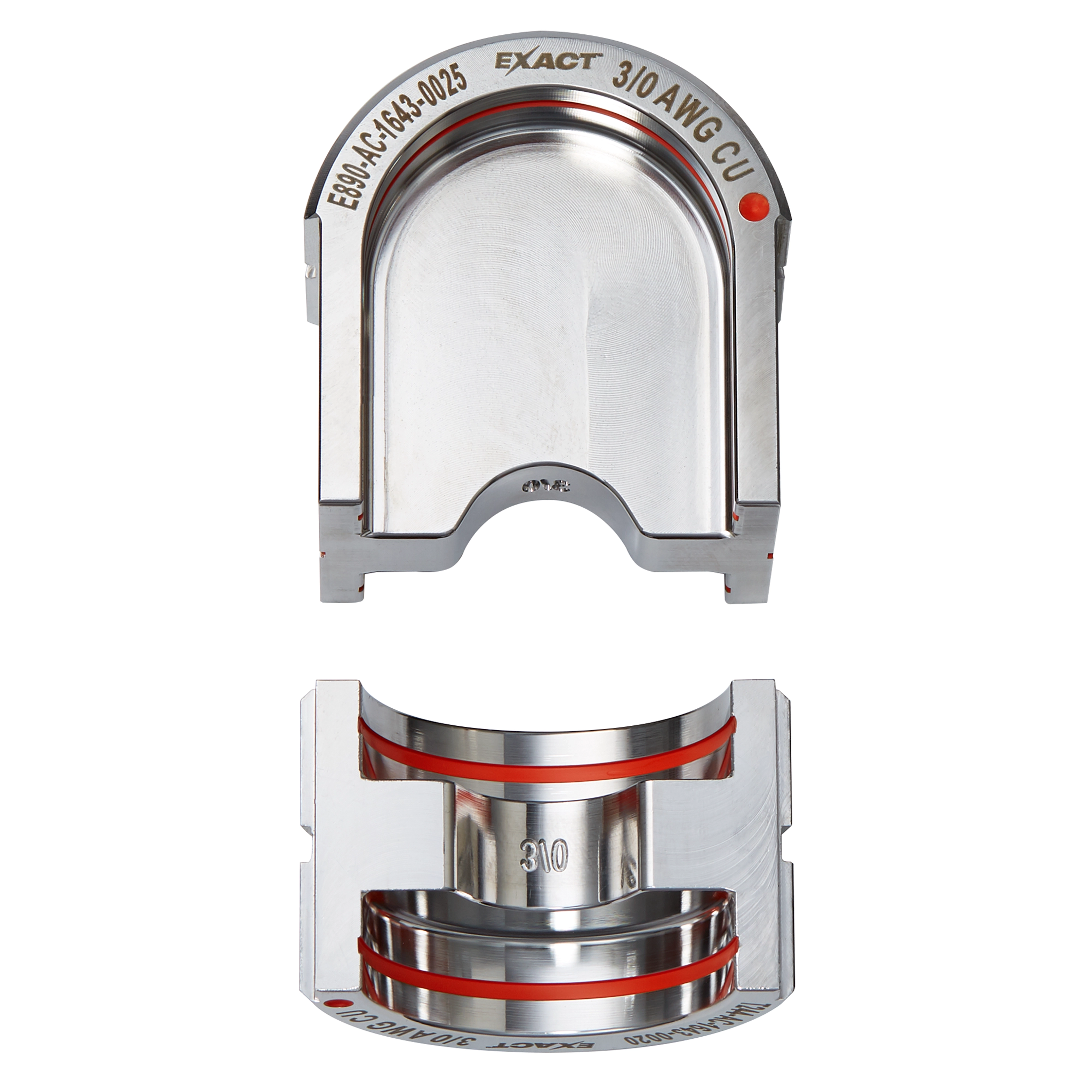 FORCELOGIC™ M18™ 750 MCM Crimper Kit components include two precisely machined stainless steel crimping jaws with red highlights, marked 310 AWG CU. The upper jaw is U-shaped, and the lower jaw is semi-circular, designed for efficient crimping tasks in electrical applications.