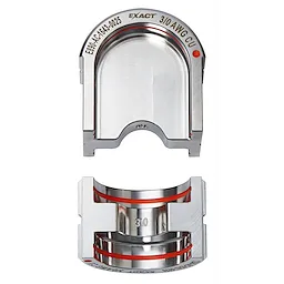 FORCELOGIC™ M18™ 750 MCM Crimper Kit components include two precisely machined stainless steel crimping jaws with red highlights, marked 310 AWG CU. The upper jaw is U-shaped, and the lower jaw is semi-circular, designed for efficient crimping tasks in electrical applications.