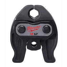 The Milwaukee M12 Jaws are black heavy-duty metal pipe clamping tools with red branding on the front. They are used for plumbing applications.