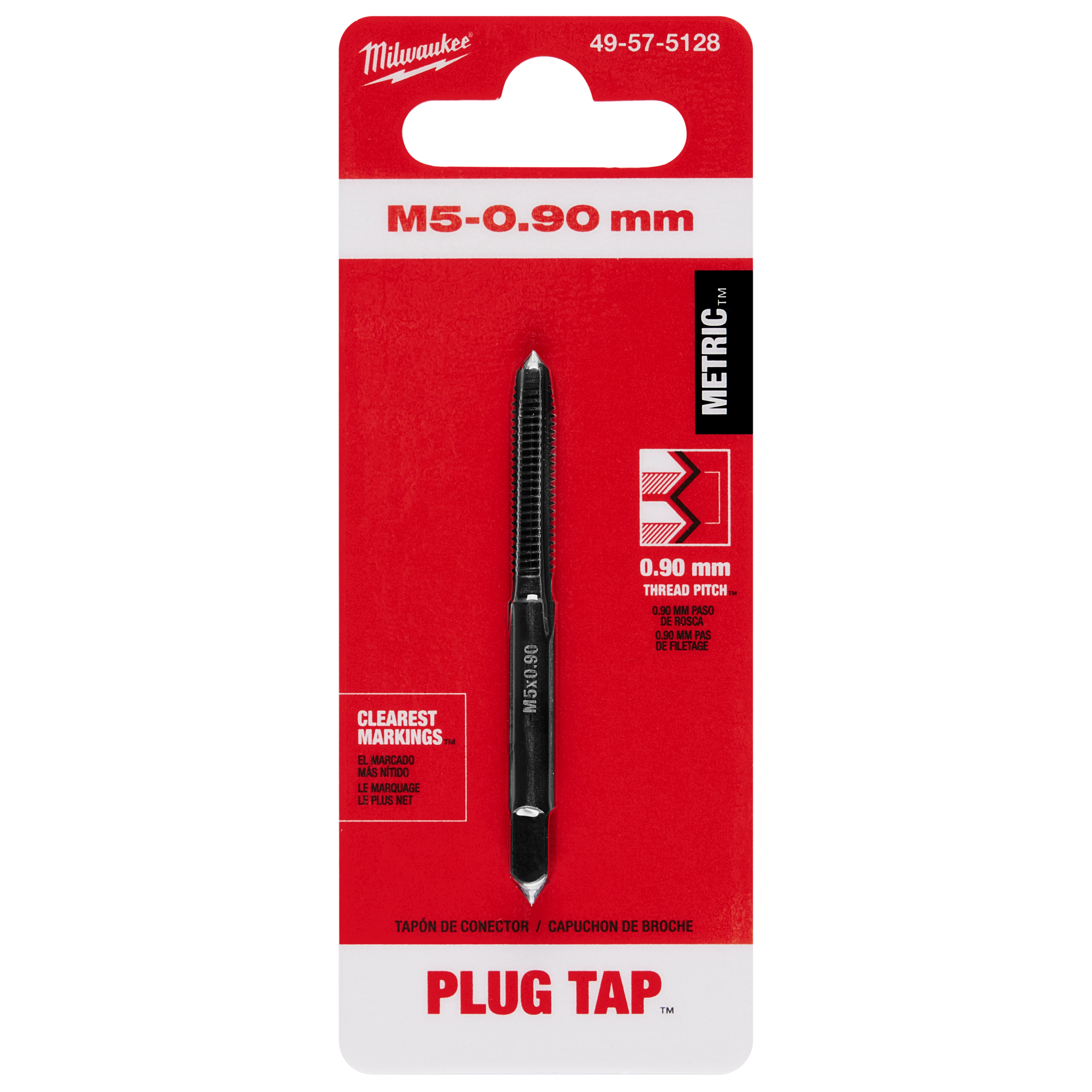 M5-0.90 mm Straight Flute Plug Tap in original packaging, featuring clear markings and a red background with white and black text.