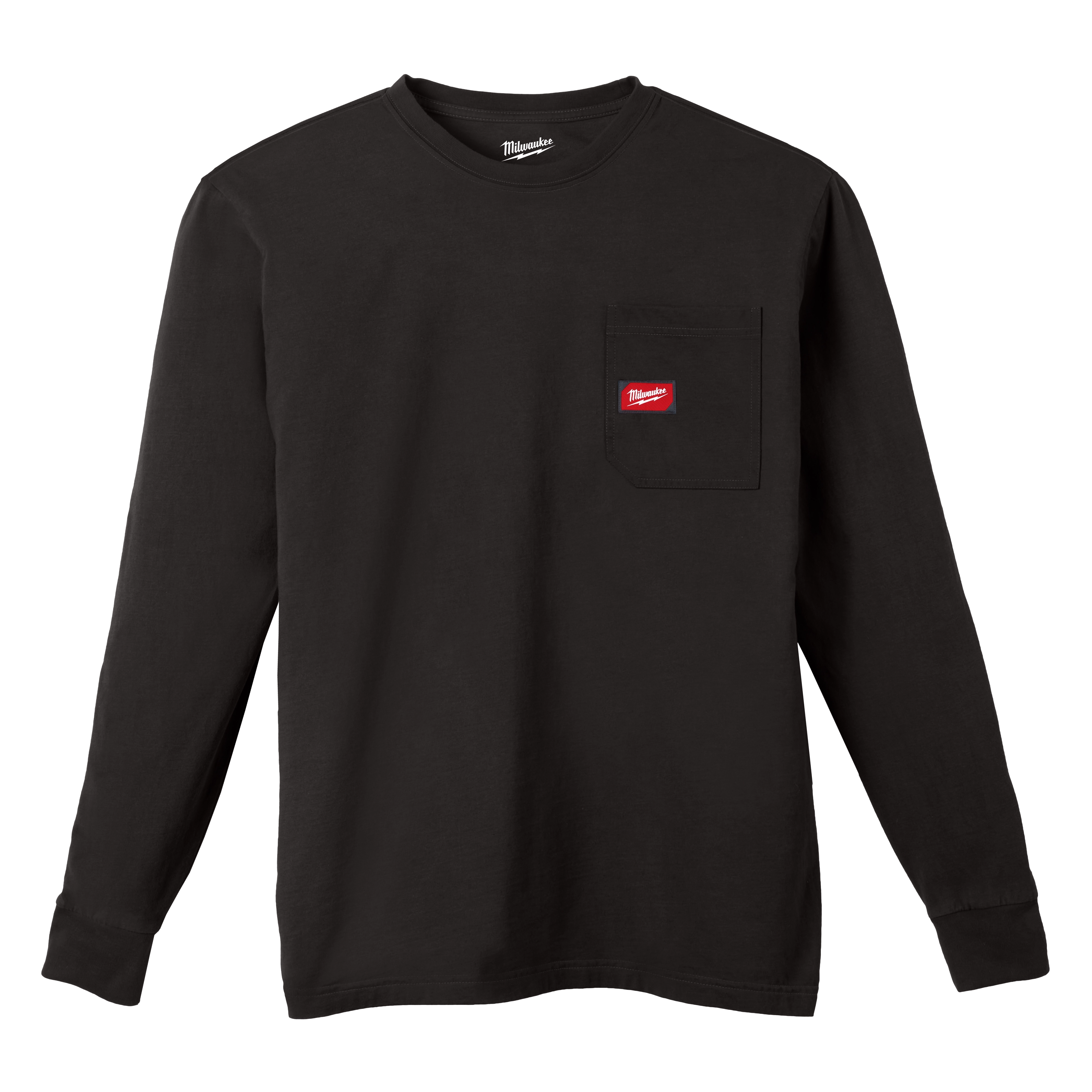 Heavy Duty Pocket T-Shirt - Black, long-sleeve with a crew neck and a chest pocket featuring a red logo tag.