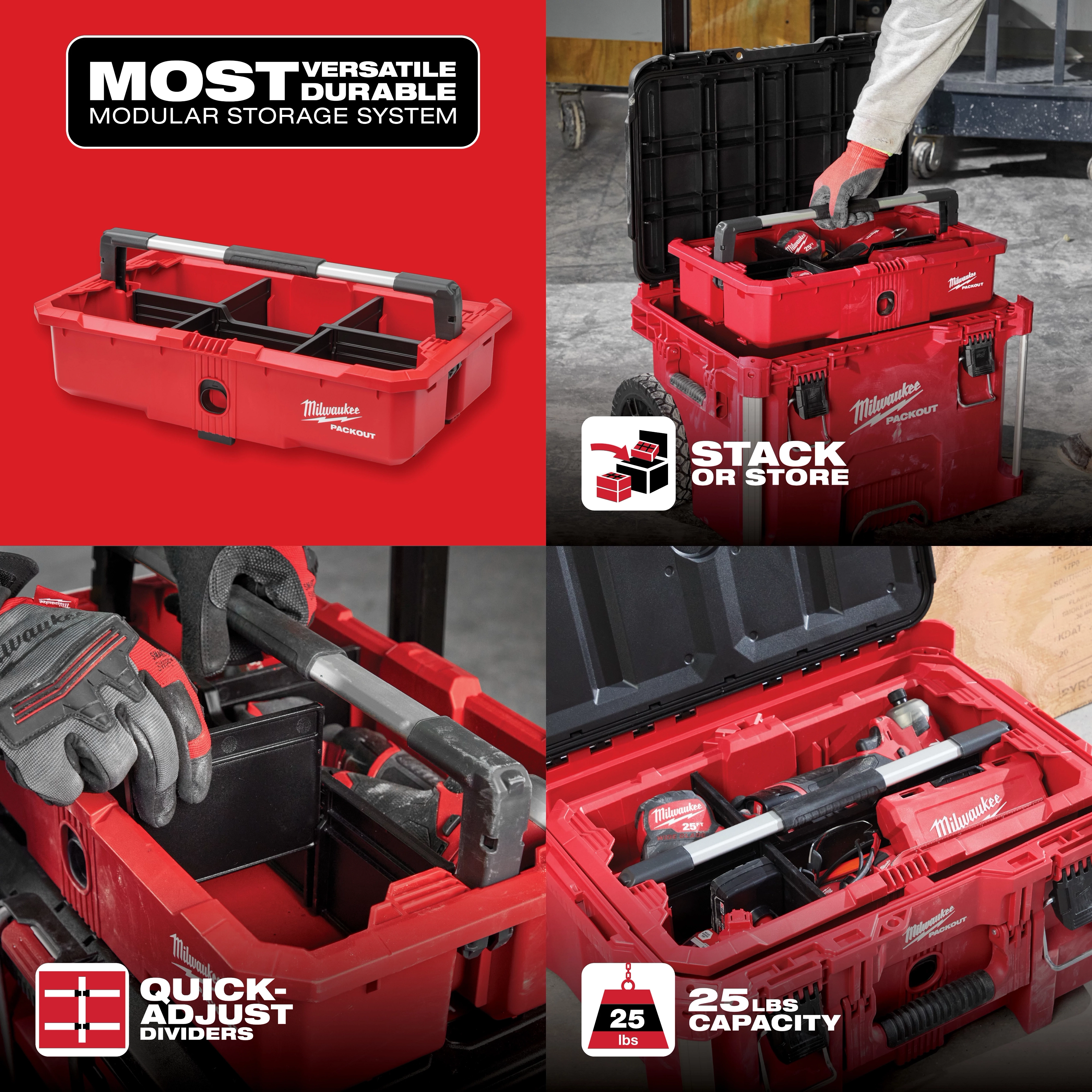 Milwaukee PACKOUT Modular Storage System features a red box with quick-adjust dividers, stackable options, and 25 lb capacity.
