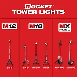 "Image showing Rocket Tower Lights with product codes under M12, M18, and MX Fuel categories against a red background."